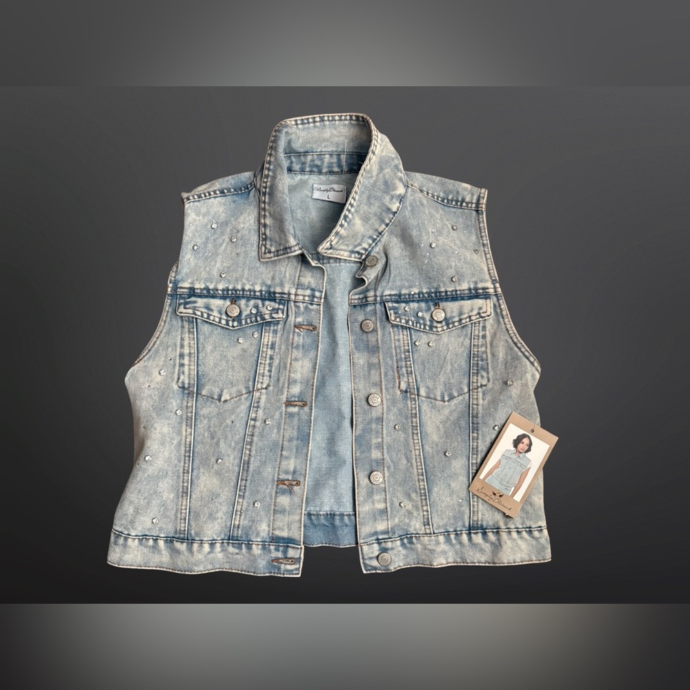 Simply Blessed Bedazzled Studded Light Wash Denim Vest Size Large